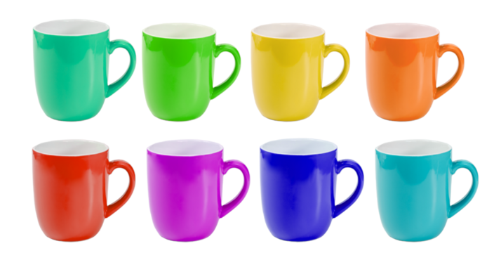 Mockup set of clean colorful coffee mugs with handle isolated on white background. close up front view of coffee mug, blank space no logo in color of rainbow isolated on white background.