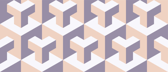 Seamless vector 3D pattern with optical illusions. Cubes. Op Art. Modern template for wrapping, cards, fabric, design interior, packing. Pastel colors geometric design. Background. Wallpapers. 3D Tile
