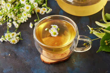Cup of healthy natural organic linden, chamomile tea blossoms. Natural beverage, benefits and properties concept