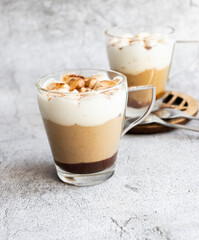 Coffee dessert. On a gray background.
Classic tiramisu in a cup