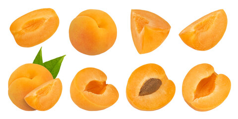 Pitted apricot slices on a white isolated background. Apricot slices with and without pits and with leaves on different sides. Isolate of halves and whole apricots. - obrazy, fototapety, plakaty