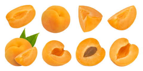 Pitted apricot slices on a white isolated background. Apricot slices with and without pits and with leaves on different sides. Isolate of halves and whole apricots.