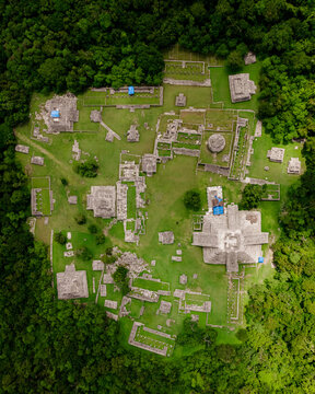 Aerial view of an ancient Maya archeological site with ruins in Tecoh, Yucatan, Mexico.