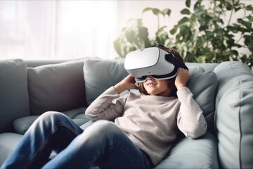 Obraz premium Boy wearing virtual reality simulator while sitting on sofa in the living room at home, Playing virtual reality simulation games.