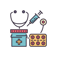 Health Care related vector thin line icon. Stethoscope, pills, medicine jar and syringe. Isolated on black background. Editable stroke. Vector illustration