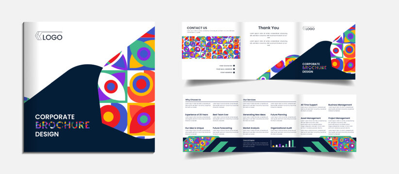 Creative corporate square trifold brochure look book design with minimal and creative shapes