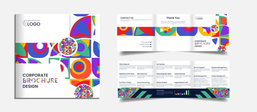 Creative corporate square trifold brochure look book design with minimal and creative shapes