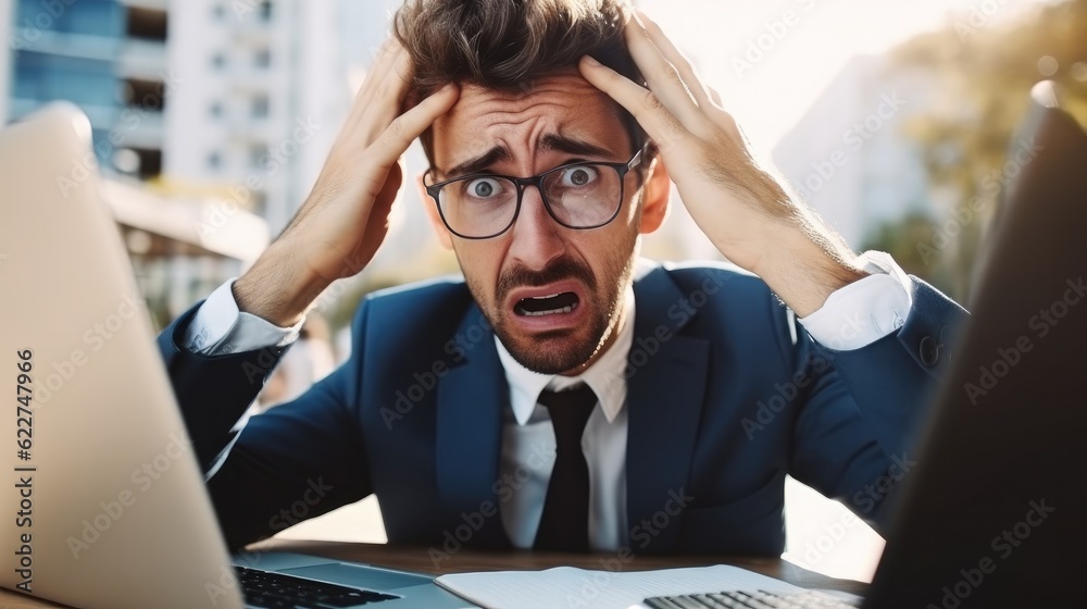 Aufkleber Business man stress and frustrated for computer news, Problem and mistake, Burnout of accountant person fail on computer.