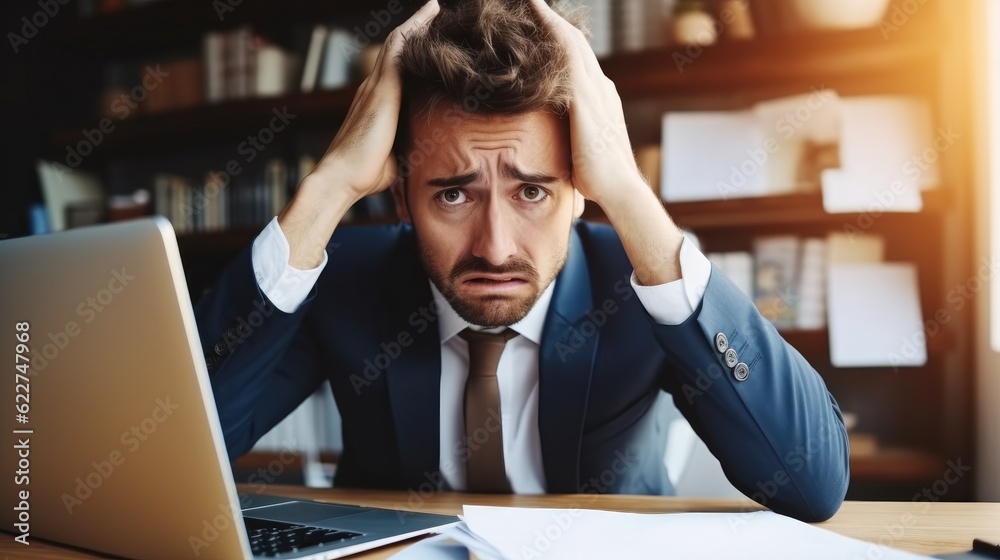 Aufkleber business man stress and frustrated for computer news, problem and mistake, burnout of accountant per