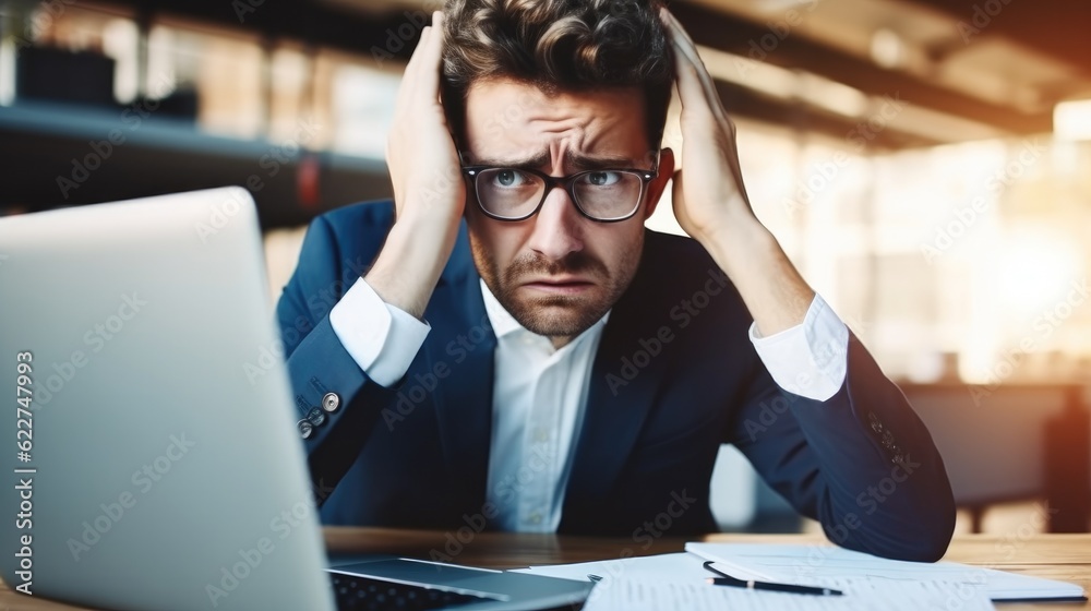 Aufkleber Business man stress and frustrated for computer news, Problem and mistake, Burnout of accountant person fail on computer.