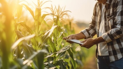 Naklejka na ściany i meble Farmer using digital tablet quality check corn in corn crop cultivated field.