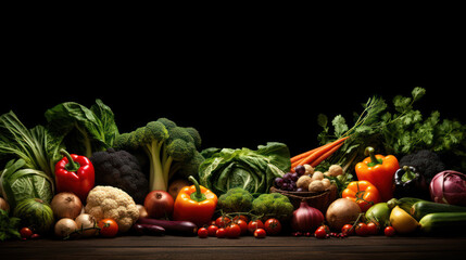 Vibrant Healthy Eating Background: Food Photography of Various Fruits and Vegetables on an Isolated Dark Background. Copy Space. High-Resolution Product with Perfect Lighting