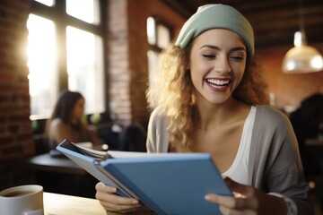 Beautiful smiling woman reading book while sitting at coffee shop.