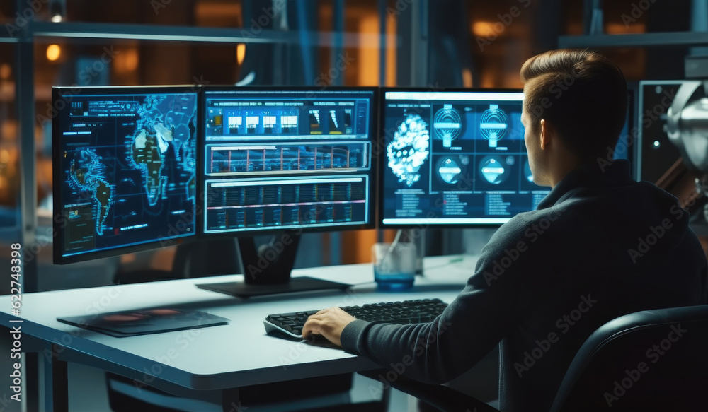 Aufkleber IT Specialist Works on Personal Computer with Screens Showing Software Program with Coding Language Interface, Technical Room of Data Center.
