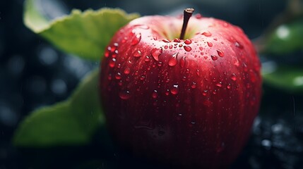 Red apple with water drops on black background.
