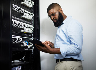 Data center, tablet and serious technician man with cables for internet connection for software...