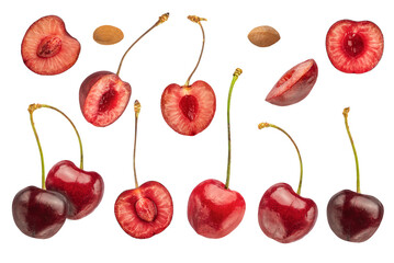 A large set of different cherries on a white isolated background. Cherries from different sides, divided into halves with and without pits on a white background.