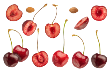 A large set of different cherries on a white isolated background. Cherries from different sides, divided into halves with and without pits on a white background.