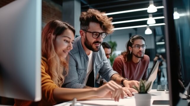Programmers cooperating at IT company developing apps, meeting and brainstorming and programming website working in a software and coding technology.