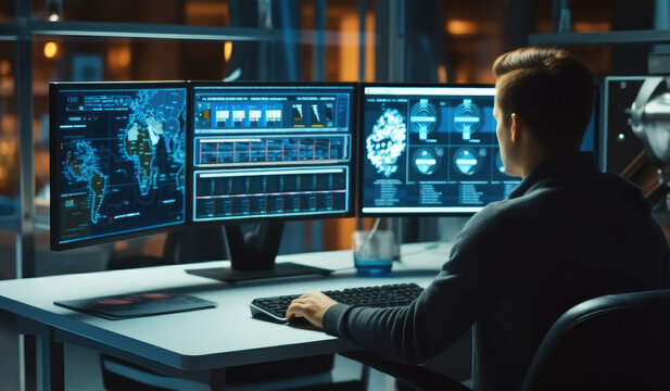 IT Specialist Works on Personal Computer with Screens Showing Software Program with Coding Language Interface, Technical Room of Data Center.