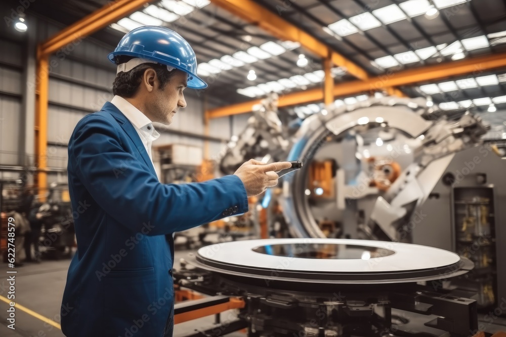 Aufkleber businessman maintenance and check part of robot arm machine at factory automotive, industrial and te