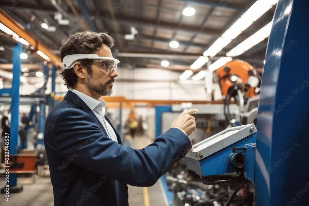 Poster businessman maintenance and check part of robot arm machine at factory automotive, industrial and te