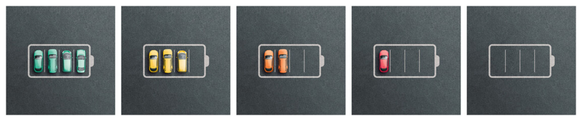 Sustainability concept: top view of parked electric cars in a row forming running out battery: GIF...