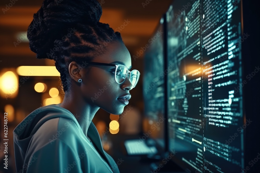 Poster african american woman programmer looking at lines of code on a screen, maintenance it specialist, i