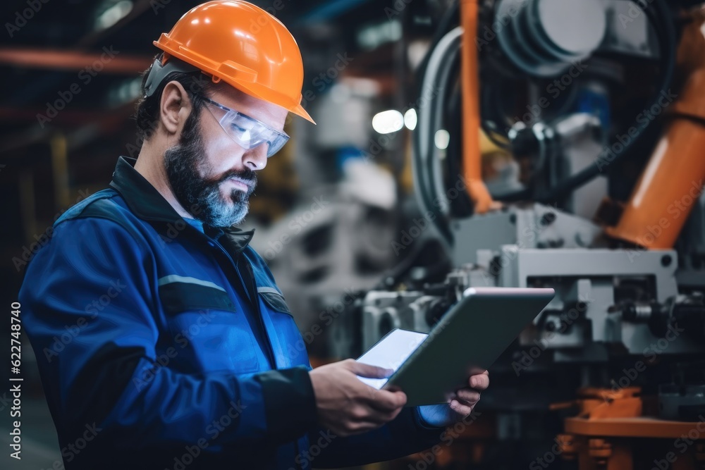 Aufkleber Factory engineer inspecting on machine, Monitoring smart factory with real time tablet software.