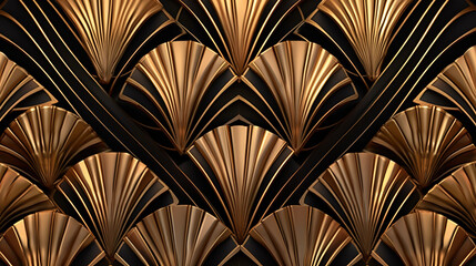 Seamless golden Art Deco diamond palm fan or shell line pattern. Generative Ai
