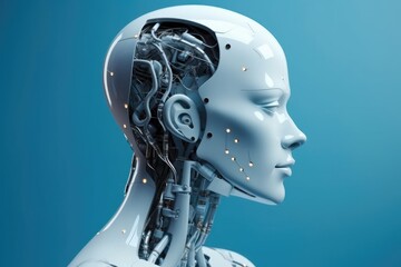 side view of robot on blue background, Android robot, Brainstorm and robotics concept.