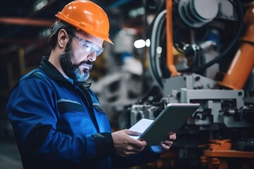 Factory engineer inspecting on machine, Monitoring smart factory with real time tablet software.