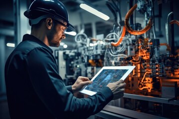 Robotic Process Automation engineer using laptop for smart factory automation software, Technology, Software and safety control.