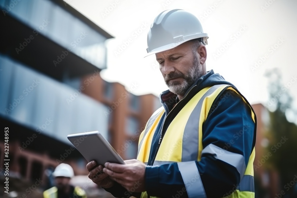 Poster Smart Construction Project management system concept, Engineer using a digital tablet on a construction site.