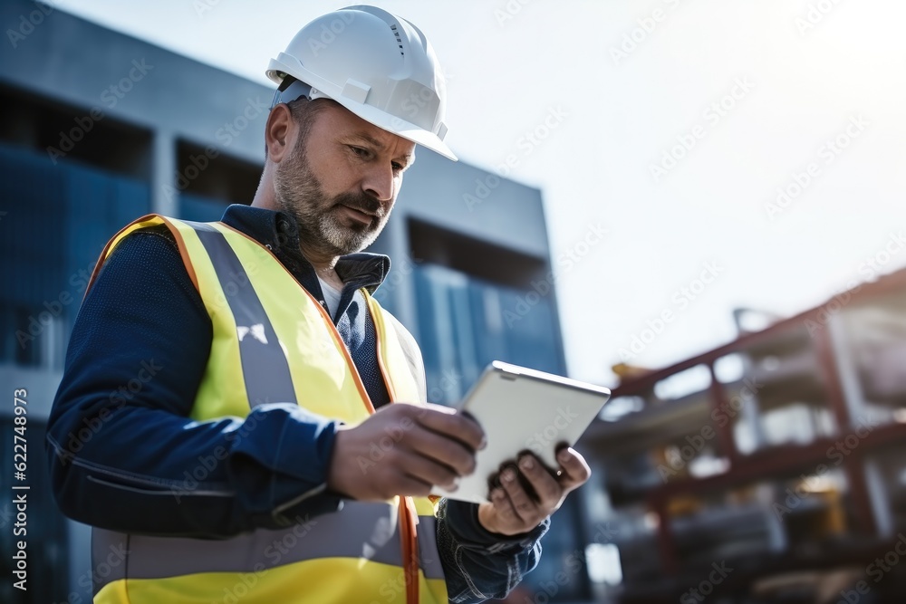 Fototapete Smart Construction Project management system concept, Engineer using a digital tablet on a construction site.
