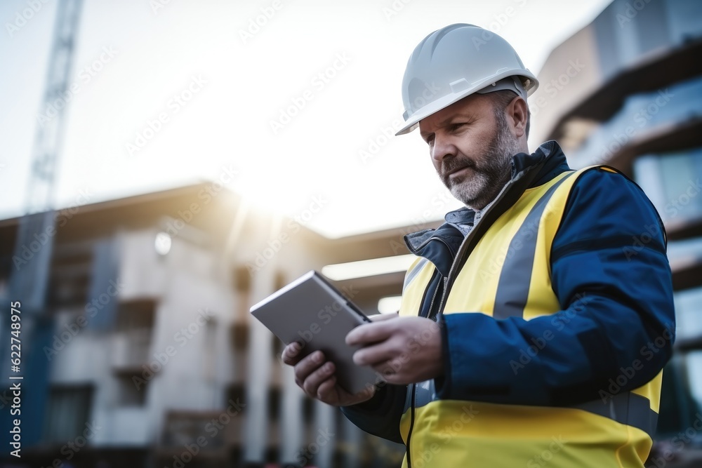 Fototapete Smart Construction Project management system concept, Engineer using a digital tablet on a construction site.