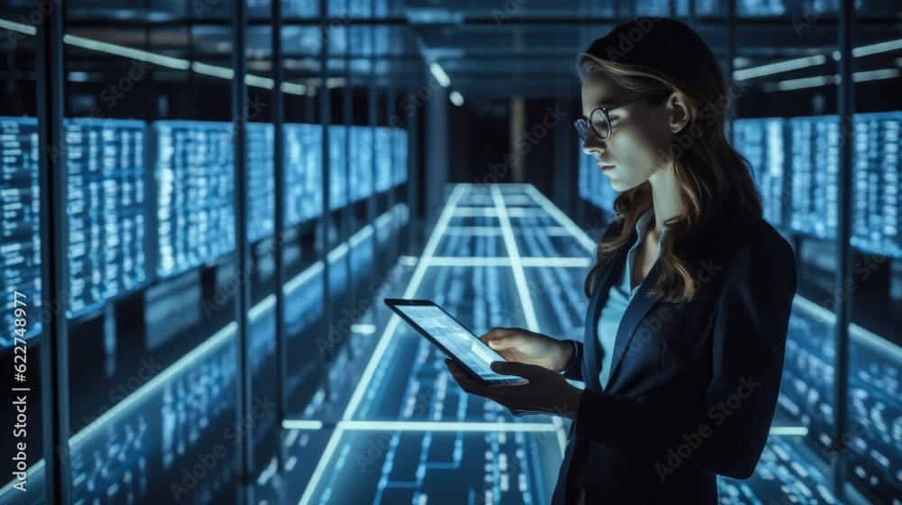 Leinwandbilder Data Center Engineer Using Tablet Computer at Server Farm Cloud Computing, Specialist Facility with Female System Administrator Working with Data Protection Network for Cyber Security.