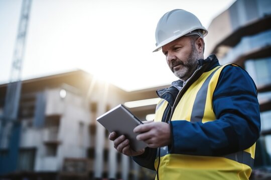 Smart Construction Project management system concept, Engineer using a digital tablet on a construction site.
