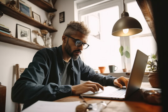 Portrait of man using laptop while working at wooden table at home.