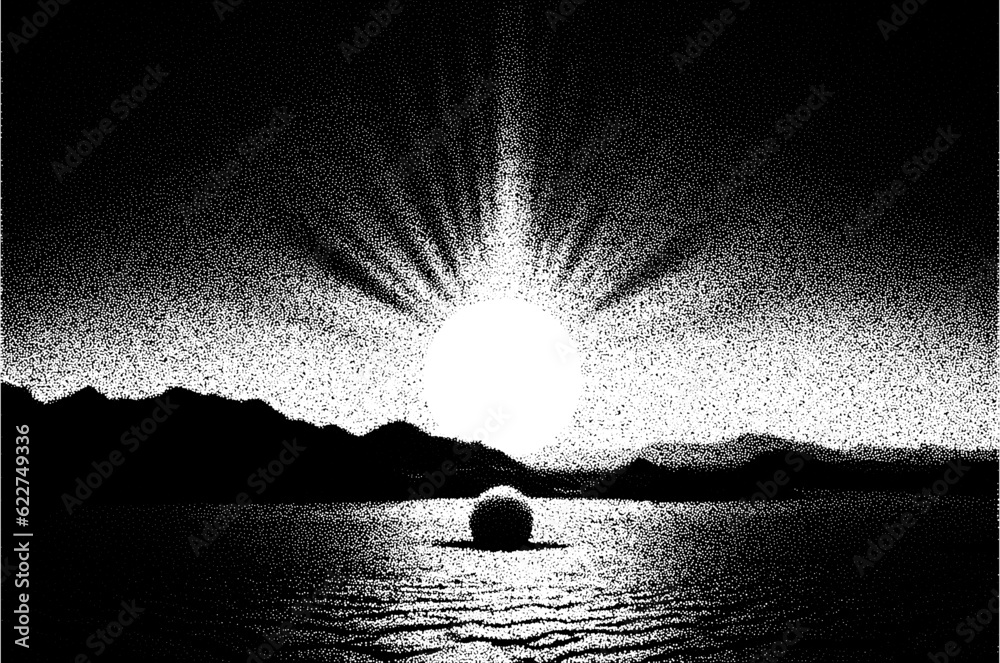 Poster Alien planet landscape in retro dotwork style. Planets and satellites over unknown planet in space. Sci-fi world landscape beyond our galaxy.