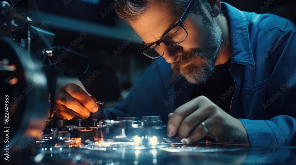 Fototapete engineer in glasses working with high precision laser at factory, mechanical engineer at work.