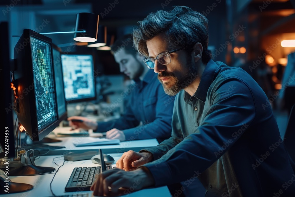 Aufkleber Portrait of IT Software Engineer Working on a Laptop at his Desk, Applying His Knowledge in Writing Code, Diverse Workplace with Professionals.