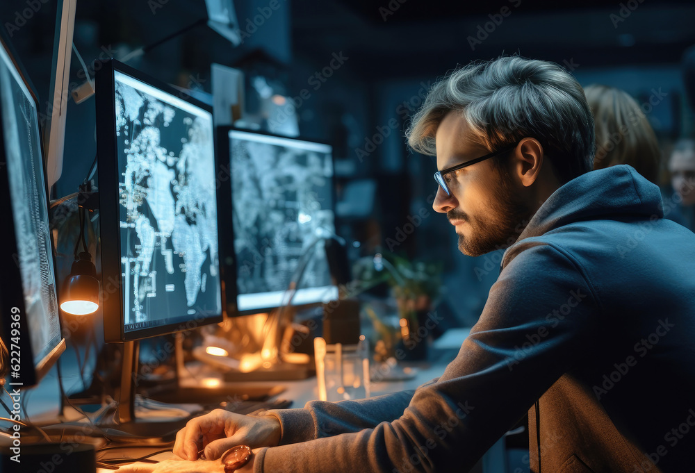 Poster portrait of it software engineer working on a laptop at his desk, applying his knowledge in writing 