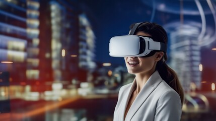 Fototapeta na wymiar Smiling businesswoman using virtual reality glasses, Technology concept.