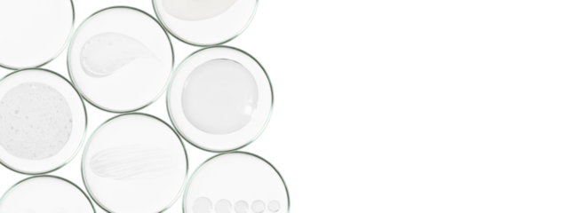 Rectangular banner with Petri dishes isolated. Smears of transparent gel, serum. Can be pasted on your background