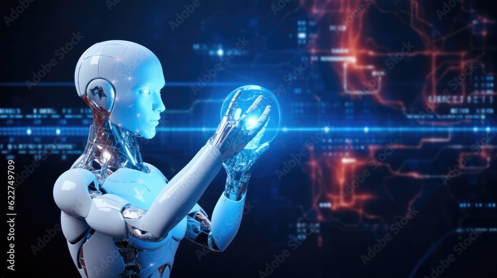 Aufkleber Cyber digital world android robot pointing finger, Technology artificial intelligence automated, Digital world technology.