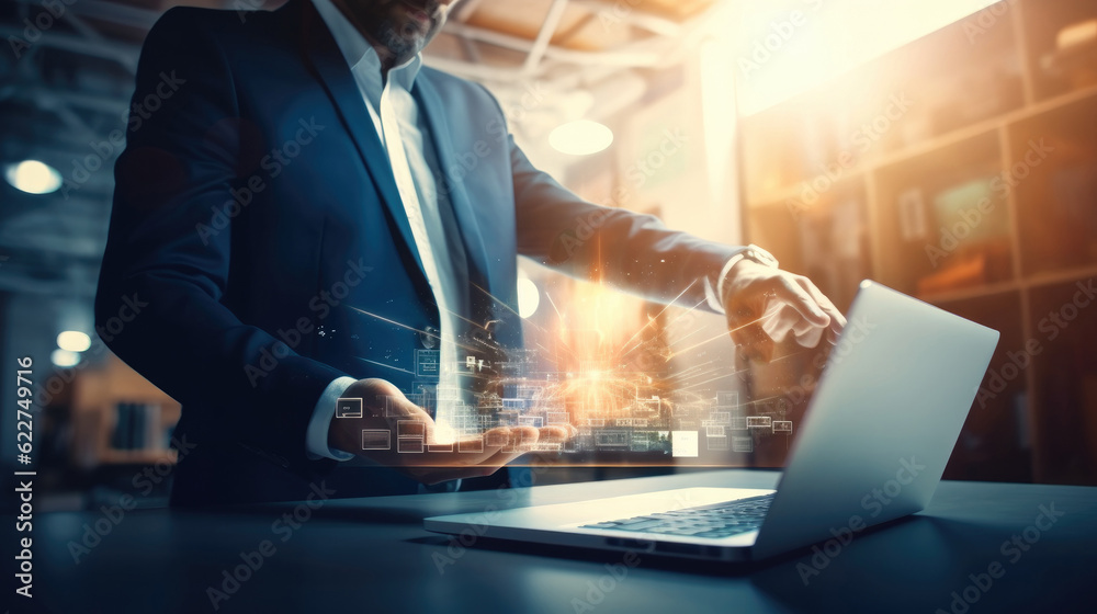 Poster Businessman using tablet and analysis sale data graph growth on modern interface icons on strategy, Digital online marketing.