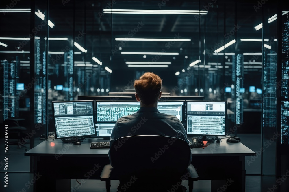 Leinwandbilder Technician man monitoring program from a lot of monitor, Multiple Screens Showing Technical Data, In the Background Data Center with Server Racks.