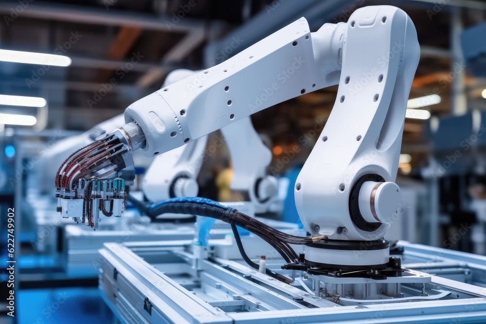 Poster the robot for smart technology manufacturing process, robotic arm catch for electronic assembly line