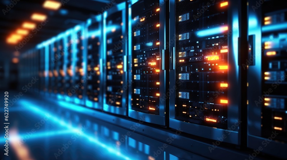 Poster Row of network servers with glowing LED lights, A scene of a data center or server room.